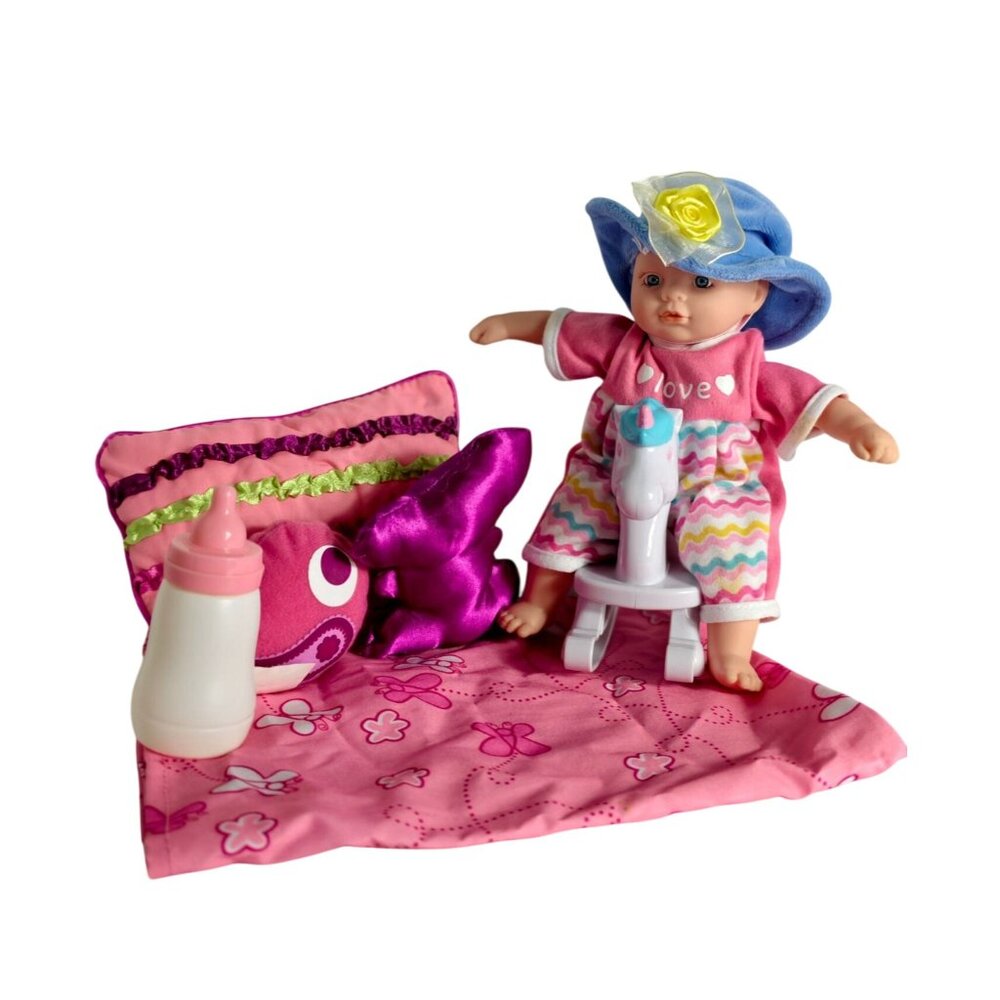 Baby Doll Playset Rocking Horse Blanket Pillow Bottle & Outfit Pink/Blue Design
